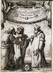 Frontispiz von „Dialog über die zwei großen Weltsysteme“ (dialogo sopra i due massimi sistemi del mondo) im Auftrag von Papst Urban VIII. an den Astronomen und Physiker Galileo Galilei (1564-1642) um 1620 und veröffentlicht 1632