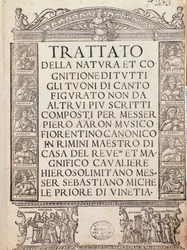Frontispiz oder Titelseite von Trattato della natura e Cognizione di tutti gli duoni di canto figurato von Pietro Aron