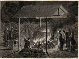 Beerdigungszeremonien: rituelle Einäscherung. Illustration der Reise nach Japan, 1863-1864, von Aime Humbert, Minister der Schweizerischen Eidgenossenschaft, in 