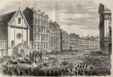 Begräbnis von Kaiser Maximilian I. von Mexiko (1832-1867): Ankunft des Trauerzugs vor der Kapuzinerkirche in Wien. Gravur in „L