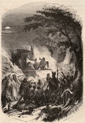 Begräbnis eines germanischen Häuptlings in der Antike: Sein Körper wird mit seinen Waffen und seinem Pferd verbrannt. Gravur von 1868 in „Histoire de Belgique von den frühesten Zeiten bis zum Ende der Herrschaft von Leopold I.“ von Théodore Juste. Private 