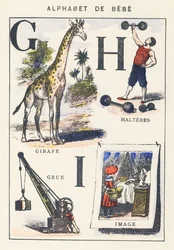 G H I: Giraffe, Kran, Hanteln, Bild