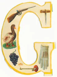 G: Gewehr, Bohrer, Gans, Traube, Gaslampe, Handschuh