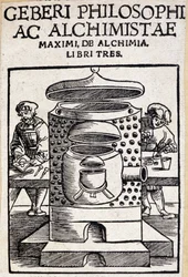 Geberi Philosophi ac Alchimistae Titelblatt eines Alchemie-Deals. Geber (ca. 721-ca. 815), arabischer Alchemist
