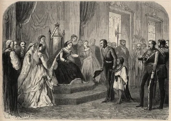 General Robert Cornelis Napier (1810-1890) stellte Leul Alemayehou Tewodros (1861-1879), den Sohn des äthiopischen Negus Theodoros II., Königin Victoria I. vor. Gravur in „L
