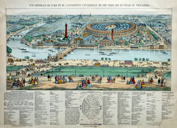 Gesamtansicht der Weltausstellung 1867 in Paris. Im Hintergrund: der Park der Militärschule des Champ de Mars. Gravur Paris, Musée Carnavalet