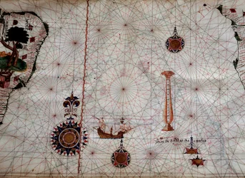Geographie: Detail einer Navigationskarte von Luis Lazare, die die Inseln des Tristan da Cunha Archipels und die Karavelle des gleichnamigen Entdeckers darstellt
