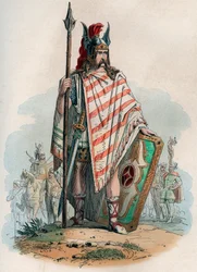 Germanischer Häuptling (die germanischen Barbaren). Gravur von 1868 in „Histoire de Belgique von den frühesten Zeiten bis zum Ende der Herrschaft von Leopold I“ von Theodore Juste (1818-1888). Private Sammlung.