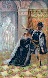 Gertrude, Hamlet und der Geist von Hamlets Vater. In „Hamlet“ von William Shakespeare. Chromolithographie des späten 19. Jahrhunderts.