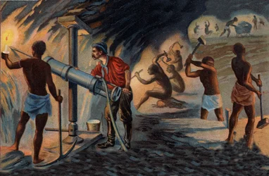 Goldabbau: Innerhalb einer Mine in Transvaal. Bergmann benutzt einen Bohrer, der mit Druckluft betrieben wird. Chromolithographie des späten 19. Jahrhunderts.