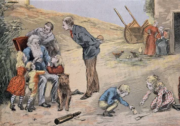Großvater erklärt den Kindern den Katechismus. In „Großes Album in Farbe zur Erklärung des Katechismus“ von Abbé Maucherde
