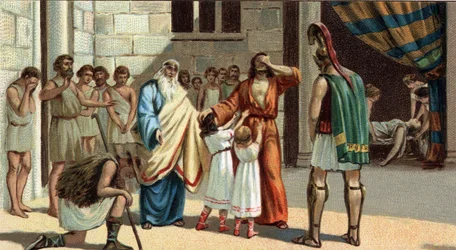 Große griechische Tragödien: „König Ödipus“ von Sophokles. Der blinde Ödipus stützt sich auf zwei seiner Töchter. Zu seiner Linken sein stattlicher Vater Kreon, zu seiner Rechten der Seher Teiresias und ein alter Hirte, die die wahre Identität des Ödipus