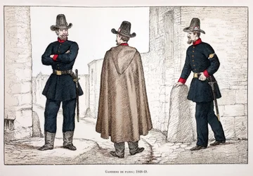 Friedenswächter (1848-1849). Farbradierung zur Illustration „Geschichte des Friedenswächterkorps“ Buch veröffentlicht unter der Schirmherrschaft von Louis Lepine (1846-1933), Polizeipräfekt von Paris, von Alfred Rey (1864-?) und Louis Feron