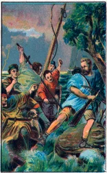 Guillaume Tell (Wilhelm Tell) (legendärer Held der Schweizer Unabhängigkeit) entkommt aus Gesslers Boot. Chromolithographie aus dem späten 19. Jahrhundert
