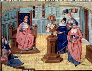 Guy von Chauliac, Chirurgielehrer. Rechts von ihm 6 Zuhörer und links 3 Figuren, die die Geschichte der Medizin zusammenfassen: Claude Galien (131-201), griechischer Arzt der Antike, Abu Ali al-Husayn ibn 