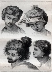 Frisuren der Einwohner von Tahiti - Illustration aus „Die großen Seefahrer des 18. Jahrhunderts“