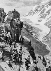 Hannibal überquert mit Elefanten die Alpen, um nach Italien zu gelangen (Zweiter Punischer Krieg). Stich aus dem 19. Jahrhundert.