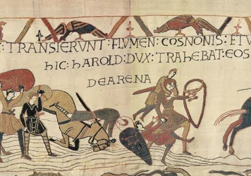 Harold zieht normannische Soldaten aus dem Treibsand, Teppich von Bayeux