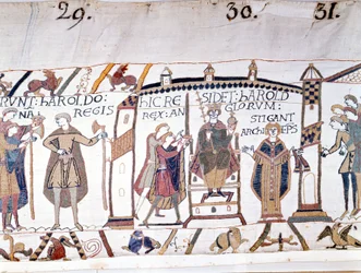 Harold II. (1022 - 1066) wurde nach dem Tod von Eduard dem Bekenner im Jahr 1066 zum König ausgerufen, starb aber bald in der Schlacht von Hastings. Bayeux-Tapete oder Stickerei von Königin Mathilde