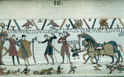 Harold, der kam, um dem Herzog der Normandie Wilhelm dem Eroberer (1027-1087) mitzuteilen, dass er nach dem Tod von Eduard dem Bekenner der Nachfolger der englischen Krone sein würde, wurde von Graf Guy de Ponthieu gefangen genommen.