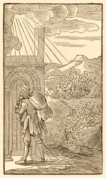Wer eintreten will, muss zuerst draußen stehen und an die Tür klopfen... aus Der Pilgerreise von dieser Welt in die zukünftige Welt von John Bunyan