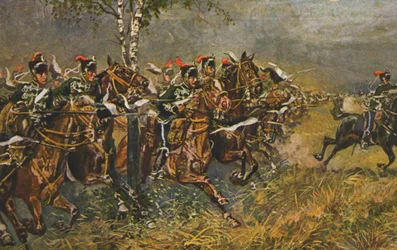 Historische Postkarte mit Kriegsmotiv, Angriff auf preußische Truppen, Deutschland