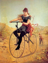 Geschichte des Fahrrads: Velocipedist oder eine Frau tritt in die Pedale eines Fahrrads