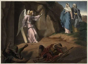 Heilige Frauen besuchen Christus am Grab. Anonyme Gravur des 19. Jahrhunderts.