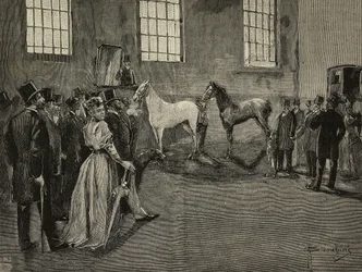 Pferdeauktion bei Tattersall, Vereinigtes Königreich, Gravur aus L