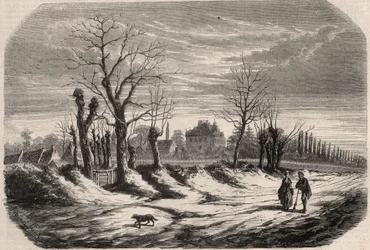 Haus von George Sand (1804-1876) (Aurore Dupin), Baronin Dudevant in Nohant Vic (Nohant-Vic) im Indre (36). Gravur in „Le Monde illustrious“ von 1857. Private Sammlung.