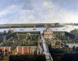 Haus am Ufer eines Flusses. Illustration aus dem 17. Jahrhundert. Historisches Museum von Amsterdam