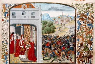 Hundertjähriger Krieg: „Papst Gregor XI. (1329-1378) gekrönt in Avignon im Jahr 1370. Die Schlacht von Pontvallain zwischen Franzosen und Engländern am 04.12.1370“ Miniatur aus „Chroniken“ von Jean Froissart (1337-1400) 15. Jahrhundert Paris. B.N.