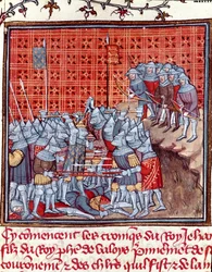 Hundertjähriger Krieg: Der König von Frankreich Johann II. der Gute während einer Schlacht (Miniatur aus „Les grandes Chroniques de France“ von Jean Froissart)