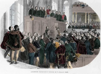 Ungarische Revolution von 1848: Erste Sitzung der ungarischen Nationalversammlung am 5. Juli 1848. Stich in „Historisches Ungarn“ von J. Boldenyi, Paris 1853