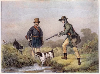 Jäger in den Sümpfen. Drucke des 19. Jahrhunderts Gien, Jagdmuseum