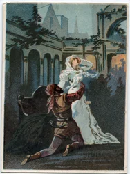 Illustration von „Ernani“ von Giuseppe Verdi, Akt 2, Szene IV, Oper von 1844 nach der Tragödie „Hernani“ von Victor Hugo. Chromolithographie aus dem späten 19. Jahrhundert.