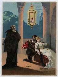 Illustration von „Ernani“ von Giuseppe Verdi, Akt 5, Szene VI, Oper uraufgeführt 1844 nach der Tragödie „Hernani“ von Victor Hugo. Chromolithographie des späten 19. Jahrhunderts
