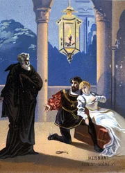 Illustration von „Ernani“ von Giuseppe Verdi (1813 - 1901), Akt V, Szene 6, Oper uraufgeführt 1844 nach Victor Hugos Tragödie „Hernani“. Chromolithographie aus dem späten 19. Jahrhundert