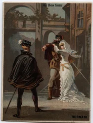 Illustration von „Ernani“ des italienischen Komponisten Giuseppe Verdi (1813 - 1901), Oper, die 1844 nach Victor Hugos Tragödie „Hernani“ geschaffen wurde. Chromolithographie aus dem späten 19. Jahrhundert.