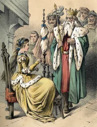 Illustration von Franz Hoffmanns Märchen „Märchen und Fabeln - Weißhändchen und Breitfüßchen“. Chromolithographie des 19. Jahrhunderts.