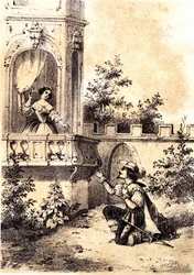 Illustration des Liedes „Der König ließ die Trommel schlagen“: ein Mann erklärt einer Frau an ihrem Fenster seine Liebe. o.D.