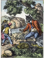 Illustration aus dem Märchen „Gute Mutter Schaf“. In „Märchen aus dem Heim für die Kleinen“. Anonyme Gravur aus dem 19. Jahrhundert.