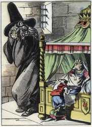 Illustration des Märchens „Der schreckliche Raminagrobis und die Mäuse“. Charakterzeichnungen von Jean de La Fontaine. In „Märchen aus dem Heim für die Kleinen“. Anonyme Gravur des 19. Jahrhunderts