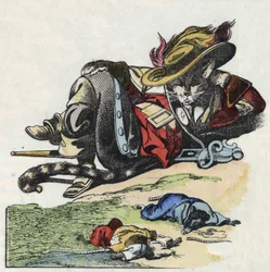 Illustration des Märchens „Der schreckliche Raminagrobis und die Mäuse“, Charakter aus Fabeln von Jean de la Fontaine. In „Tales from the home for the little ones“. Anonyme Gravur des 19. Jahrhunderts