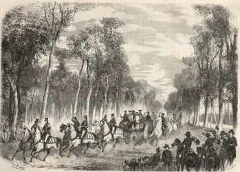 Kaiserliche Jagd in Compiègne in Anwesenheit von Napoleon III (1808-1873) und Kaiserin Eugénie (1826-1920). Gravur in „Le Monde illustrious“ von 1857. Privatsammlung.