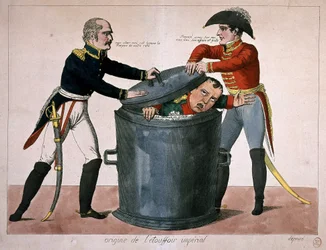 Kaiserliche Erstickung: Napoleon I. in einer Mülltonne eingesperrt, n.d. Anfang 19. Jahrhundert