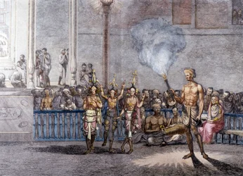 Indische Kultur und Zivilisation: Tanz zu Ehren von Krishna (Krisna oder Krsna), Gottheit des Brahman in Indien. Gravur 1808.