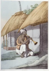 Indische Kultur, Zivilisation und Gesellschaft: Musiker mit traditioneller indischer Flöte. Gravur von 1808.