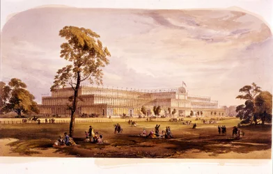 Industrielle Revolution: Ansicht des Kristallpalastes, gebaut von Joseph Paxton für die Weltausstellung 1851 in London (Hyde Park) 19. Jahrhundert