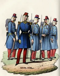 Infanterie der französischen Armee Afrikas; Offizier, Unteroffizier und Soldaten in Algerien im Jahr 1830. In „Storia d